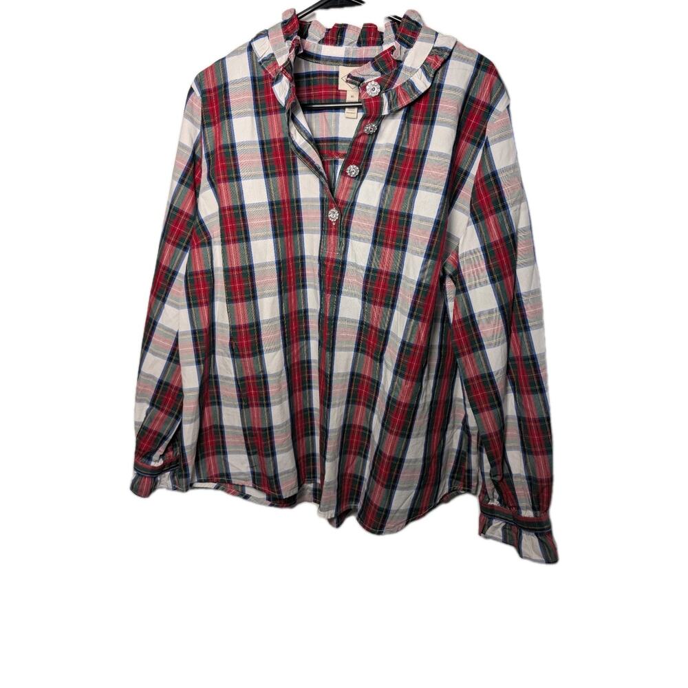 Talbots Womans L Petite Plaid Button Down Shirt Long Sleeve Red White Blue Green